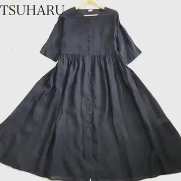 TSUHARU 츠하루 린넨 100% 개더 롱 원피스 블랙