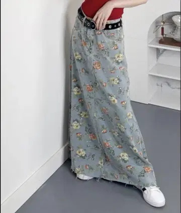 꽃무늬 롱 데님 스커트