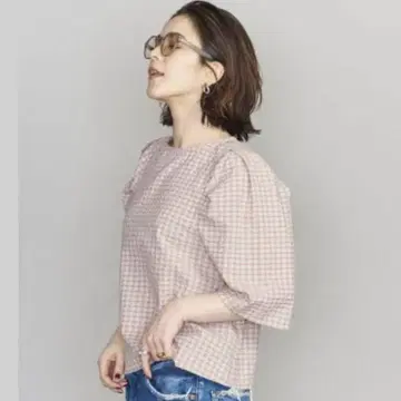 체크 퍼프 슬리브 컴팩트 6부 소매 블라우스