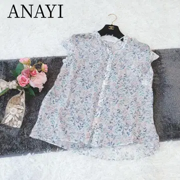 최근 모델 [ANAYI/아나이] 양류 리프 프린트 스탠드 블라우스 시어
