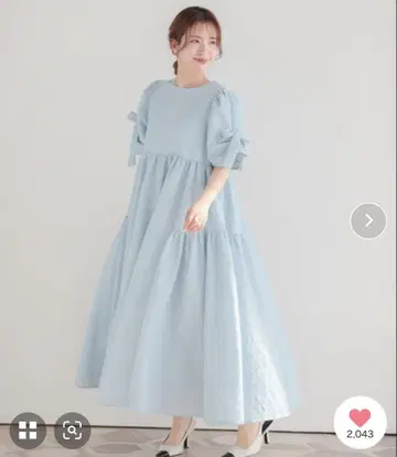 핏모어 Fit more 소매 리본 자카드 원피스 F 블루 롱 기장