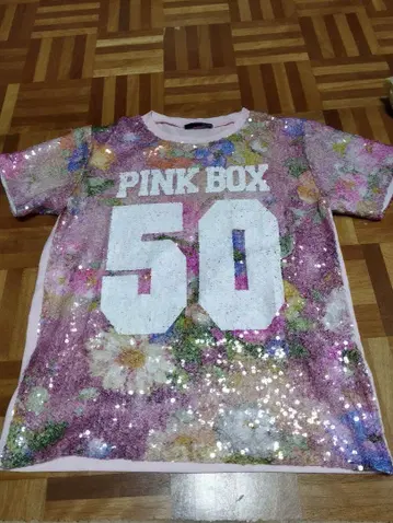 ONE SPO PINK BOX 꽃무늬 스팽글 티셔츠 프리 사이즈 USED