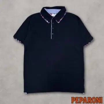 00's 빈티지 피케 셔츠 L 체크 무늬 옷깃 블랙 그런지