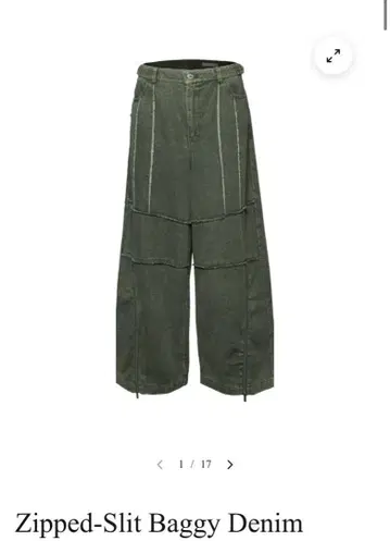 Zipped-Slit Baggy Denim 올리브 그린