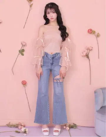 m me eme V 라인 허리 리본 플레어 데님