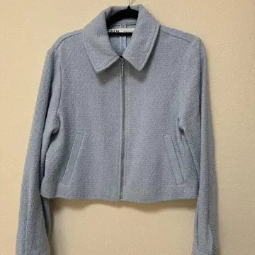 ZARA 트위드 라메 믹스 집업 자켓 라이트 블루