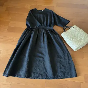 마가리 magali 슬라브 린넨 개더 원피스 블랙