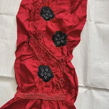 순수 실크, 링 염색, 오비 장식 천, 아라베스크 문양, 진홍색에 블랙