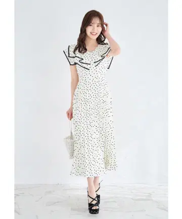 허리 리본 포함 플라워&도트 모듬 프린트 빅 칼라 플리츠 원피스