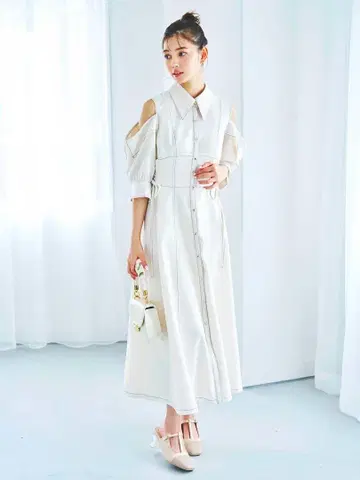 dazzlin 오픈 숄더 데님 스티치 원피스 다즐린