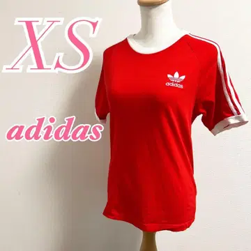 아디다스 반팔 티셔츠 XS 레드 캐주얼 코디 자수 로고 미들 기장