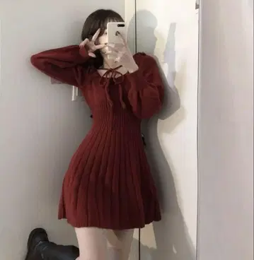 레드 니트 드레스 벌룬 슬리브