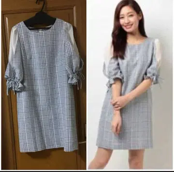 체크 무늬 프릴 쉬폰 반팔 원피스