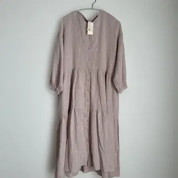 사만사 모스모스 옅은 핑크 반팔 롱 원피스 린넨