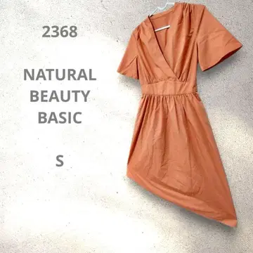NATURAL BEAUTY BASIC 오렌지 V넥 반팔 플레어 원피스