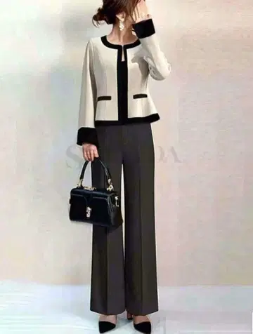 아이보리 블랙 팬츠 수트 셋업