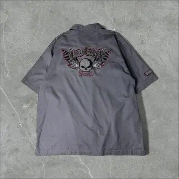 HARLEY-DAVIDSON 자수 로고 스컬 윙 뱀 오픈 카라 셔츠