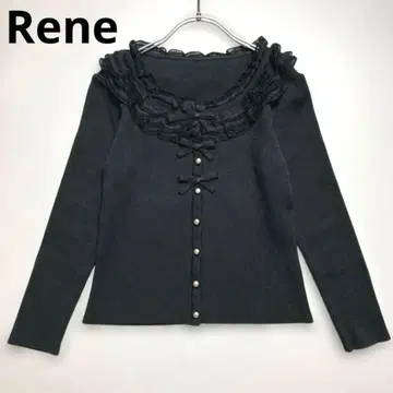 컨디션 최상 Rene 레이스 리브 니트 가디건 리본 골드 버튼 르네 블랙
