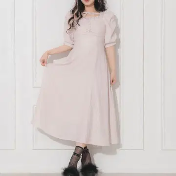 pium 하트 리본 레오파드 무늬 롱 원피스 핑크