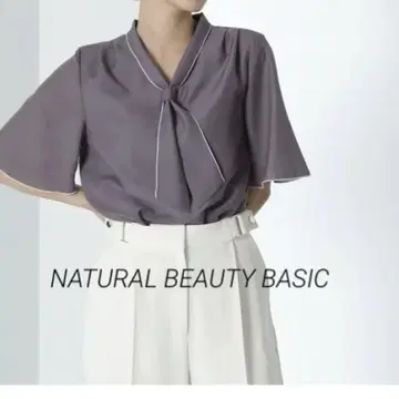 NATURAL BEAUTY BASIC 바이컬러 멜로 보타이 블라우스 M