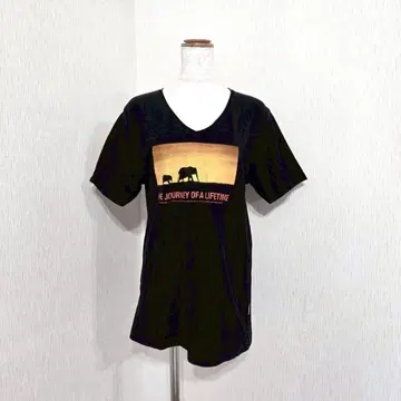 다케오 키쿠치 블랙 V넥 티셔츠 코끼리 풍경 프린트 면100%