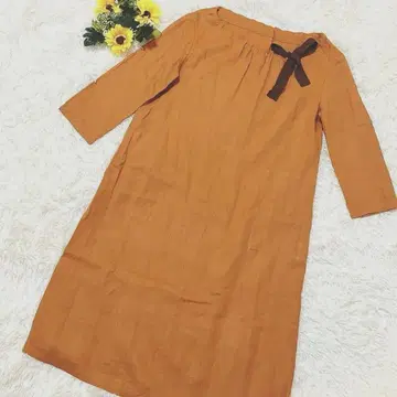 Doclasse 리본 포함 린넨 100% 원피스 오렌지 린넨 7부 소매