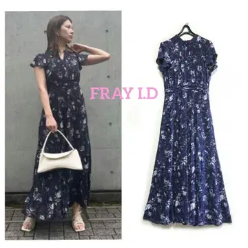 FRAY I.D 플리츠 프린트 원피스 네이비