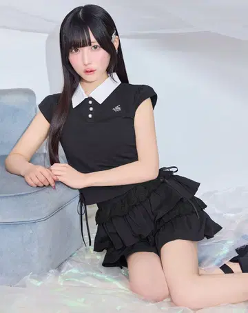 미셸 마카롱 레이스 프릴 스커트 셋업 블랙 프리 사이즈