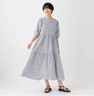 애프터눈 티 메종 사주 티어드 원피스 자수 스트라이프
