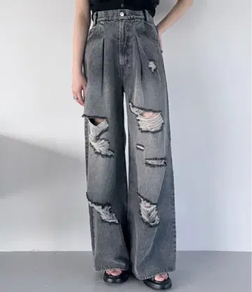하이 웨스트 데미지 데님 팬츠