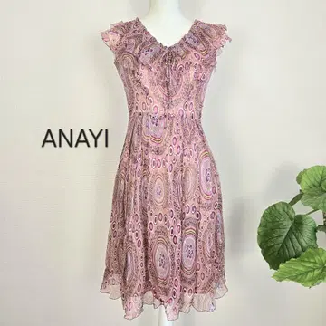 ANAYI 아나이 38 원피스 드레스 실크 반팔 패턴 프릴 핑크