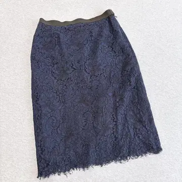 이네드 무릎 기장 스커트 네이비 허리밴딩 L 레이스 포멀 일본제