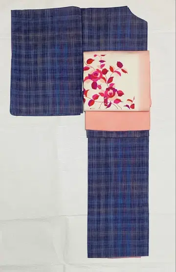 순수 실크 코몬 블루 계열 체크 하치카케 핑크 화이트