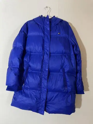 Tommy 파랑 후드 부착 롱 다운 자켓