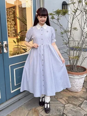 시마무라 아오키 미사코 레이스 카라 스트라이프 셔츠 원피스