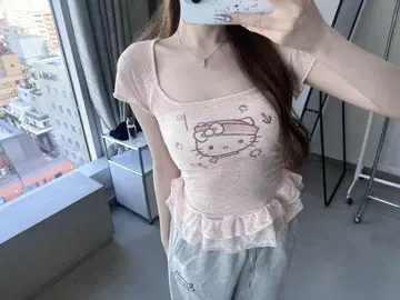 키티 베이비 핑크 프릴 티셔츠