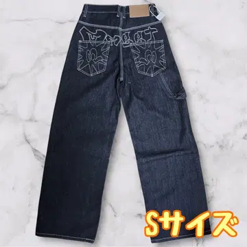 배기 데님 자수 와이드 청바지 데님 블랙 블랙 아메리칸 S