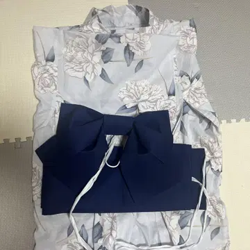 네이비 리본 포함 꽃무늬 유카타 오비