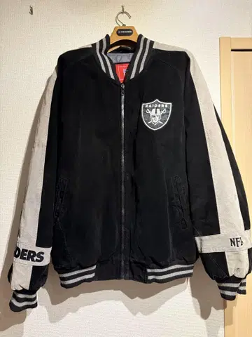 NFL RAIDERS 레이더스 XXL 천연 가죽 바시티 자켓 블랙