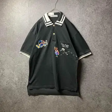 vintage 반팔 피케 셔츠 블랙 자수 애니멀 캐릭터 옷깃 절개 레트로