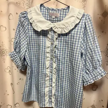스카이블루 깅엄 체크 프릴 블라우스