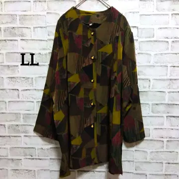 쇼와 레트로 긴팔 블라우스 셔츠 기하학 패턴 빅 사이즈 LL a975