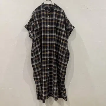 쉽스 셔츠 원피스 체크 린넨 밴드 카라