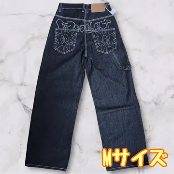 배기 데님 자수 와이드 청바지 데님 블랙 블랙 아메리칸 M