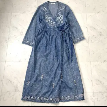 FREAK'S STORE 데님 블루 자수 롱 원피스