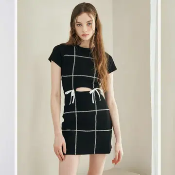 다리치 스티치 리본 리브 미니 원피스