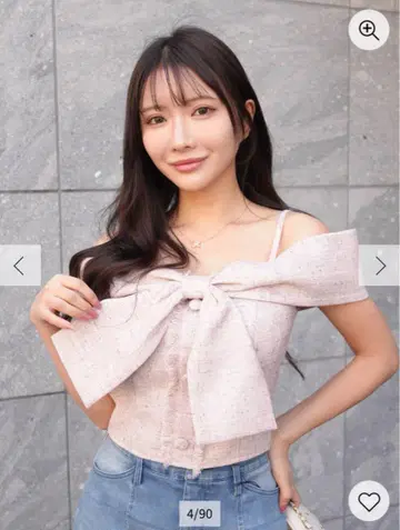 립 서비스 트위드 리본 오프 숄더 탑 핑크