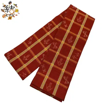 MO-3484 반폭 오비 명주 격자 무늬 가스리 빨간색 주황색
