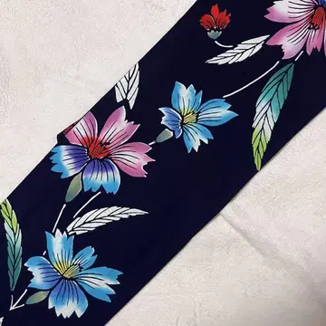유카타 다크 네이비 코마 꽃무늬 본염색 일본제 파랑 핑크