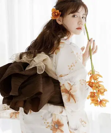 미사용 Dita 유카타 오렌지 브라운 브라운 병아 오비